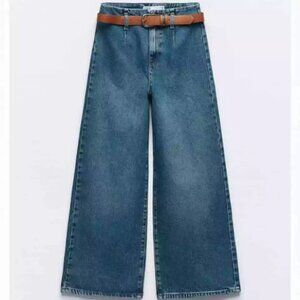 ZARA BELTED HIGH RISE CROPPED WIDE LEG JEANS